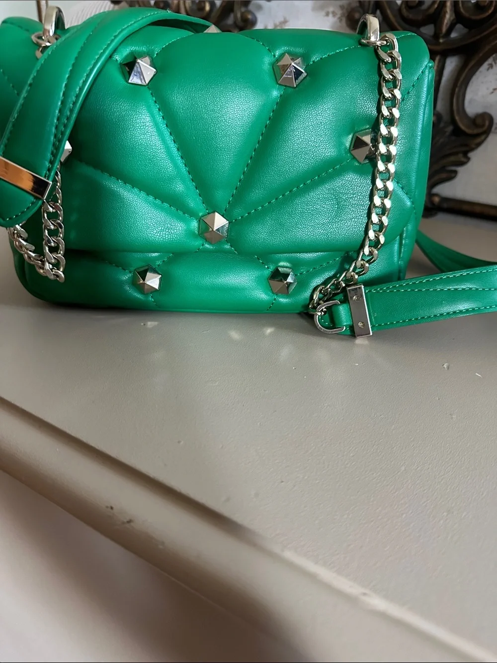 Green Quilted Studded Crossbody Bag